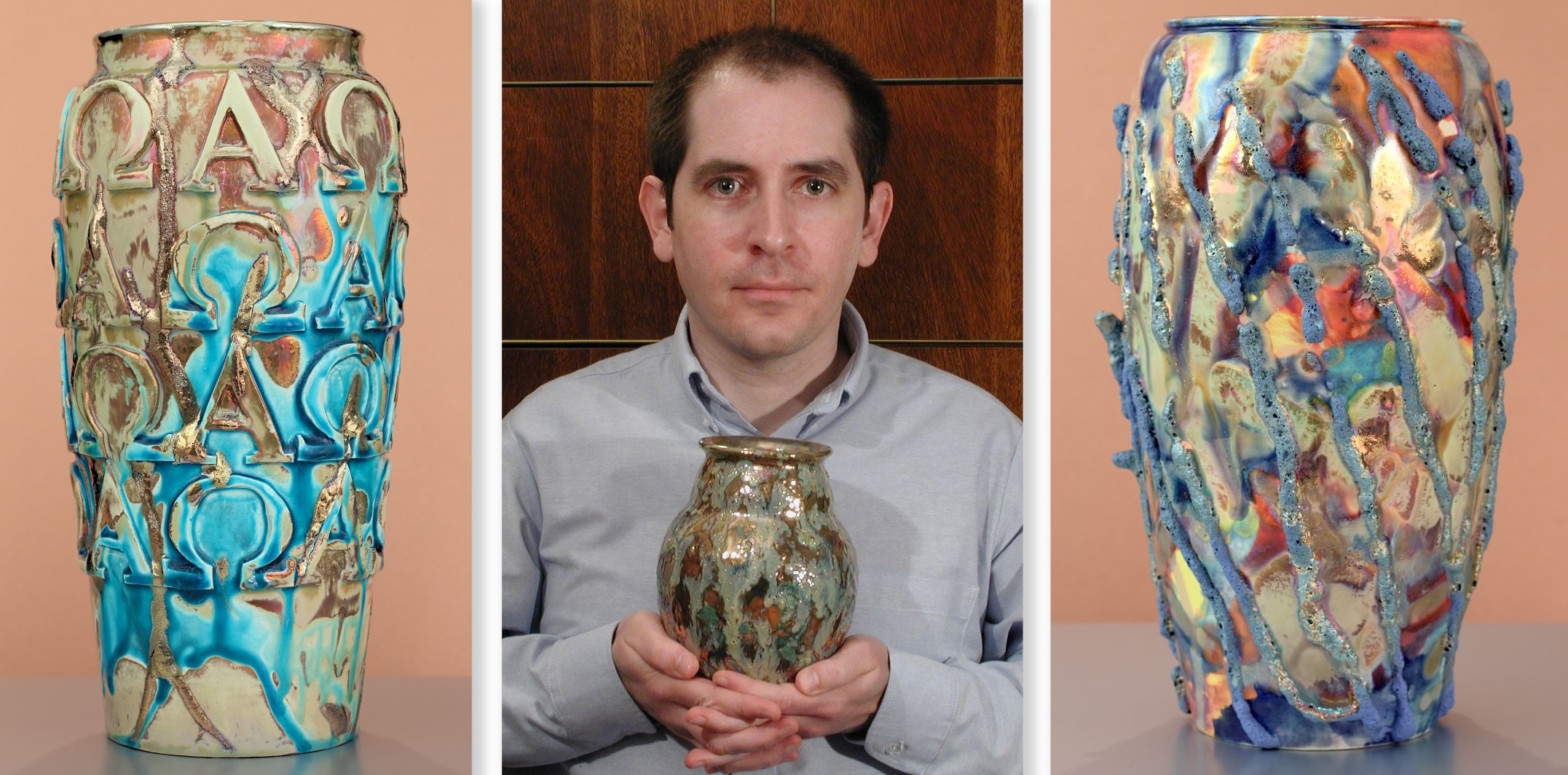 Man holding a vase with 2 vases in each sides